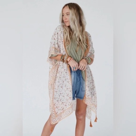 Camel Ditsy Floral Paisley Kimono Open Wrap Coverup Top One Size - Picture 1 of 5